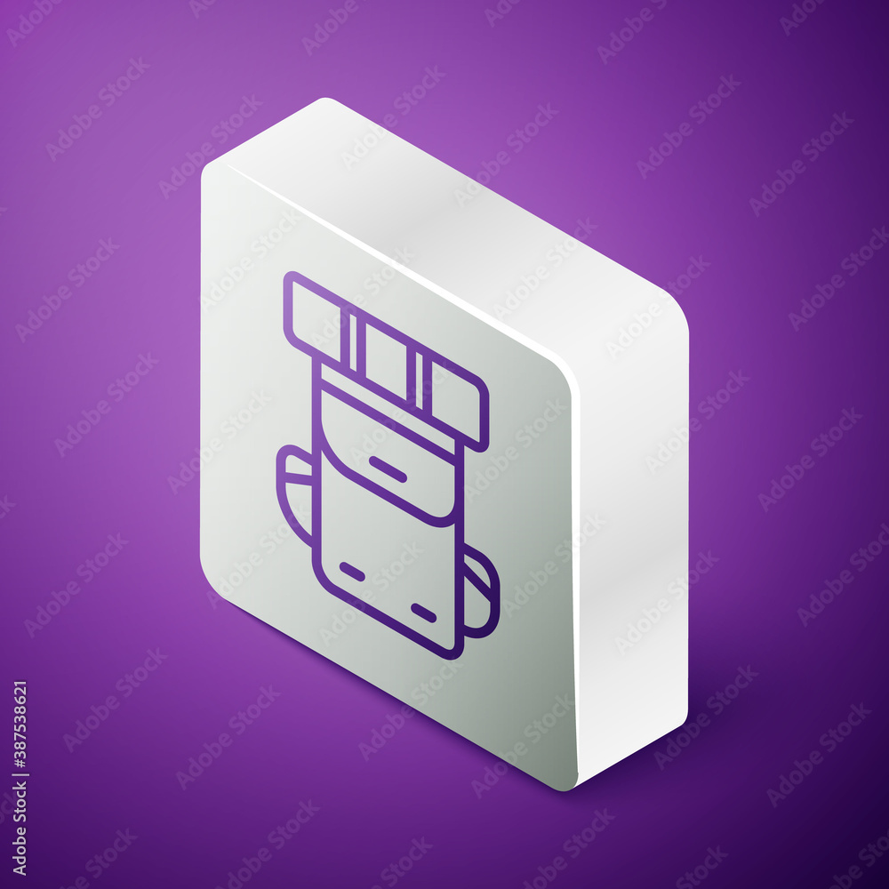 Isometric line Hiking backpack icon isolated on purple background. Camping and mountain exploring ba