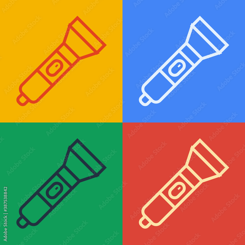 Pop art line Flashlight icon isolated on color background. Vector.