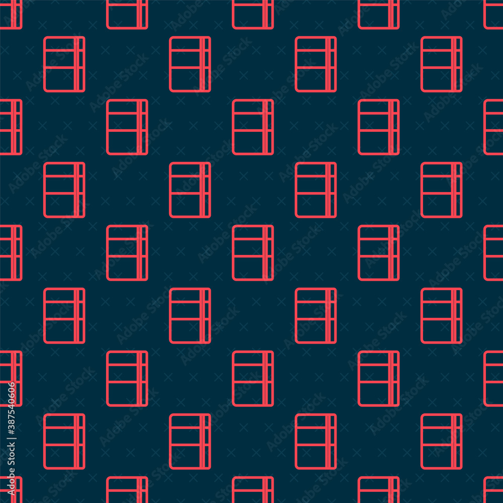 Red line Sketchbook or album icon isolated seamless pattern on black background. Vector.