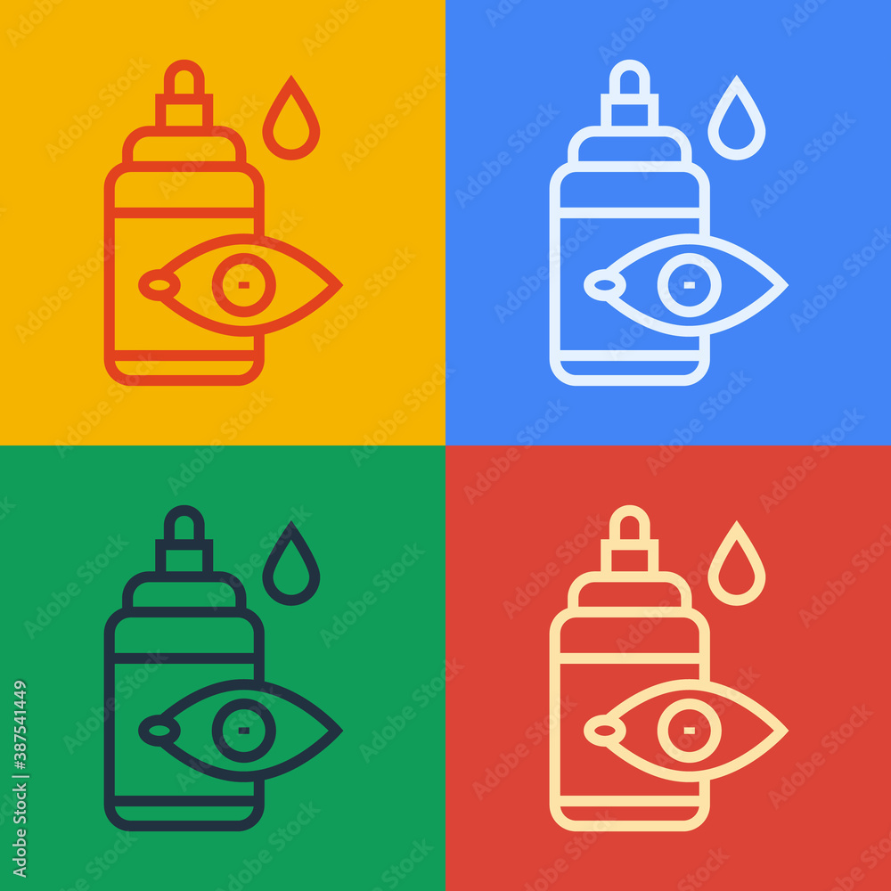 Pop art line Eye drop bottle icon isolated on color background. Vector.