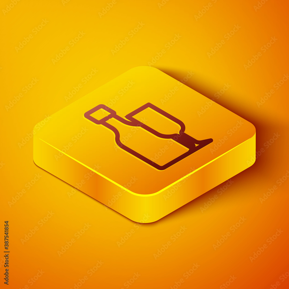 Isometric line Wine bottle with glass icon isolated on orange background. Yellow square button. Vect