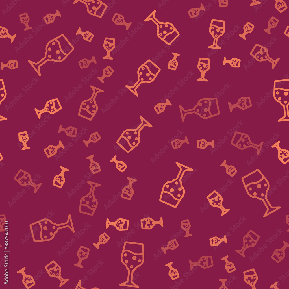 Brown line Glass of champagne icon isolated seamless pattern on red background. Vector.