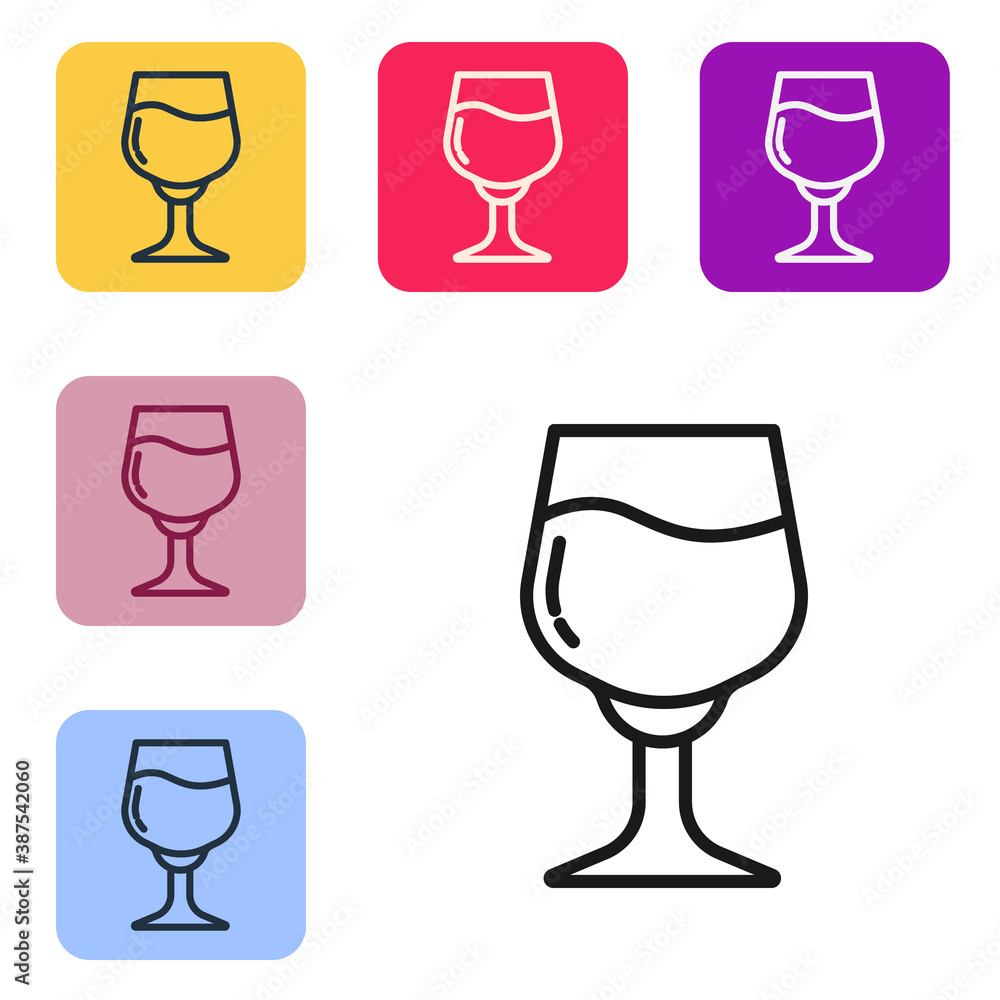 Black line Wine glass icon isolated on white background. Wineglass sign. Set icons in color square b