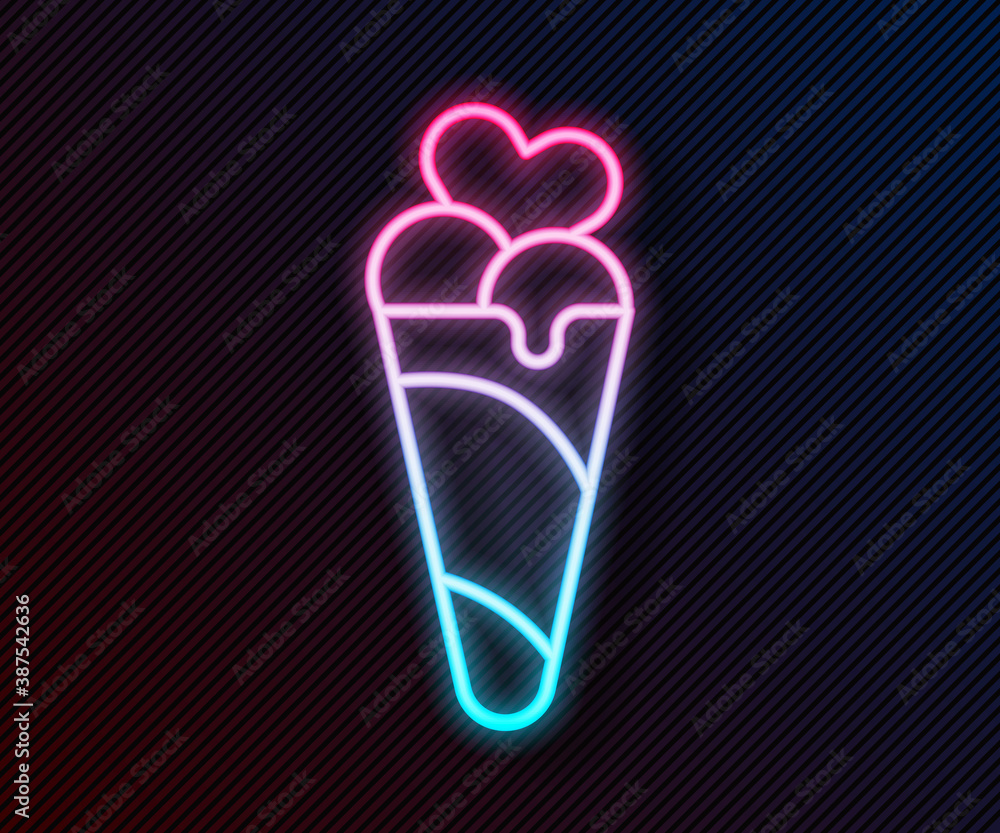 Glowing neon line Ice cream in waffle cone icon isolated on black background. Sweet symbol. Vector.