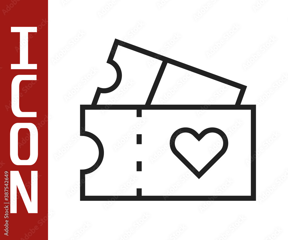 Black line Love ticket icon isolated on white background. Valentines day sign. Couple relationships 