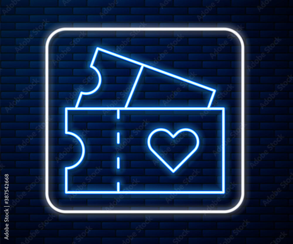 Glowing neon line Love ticket icon isolated on brick wall background. Valentines day sign. Couple re