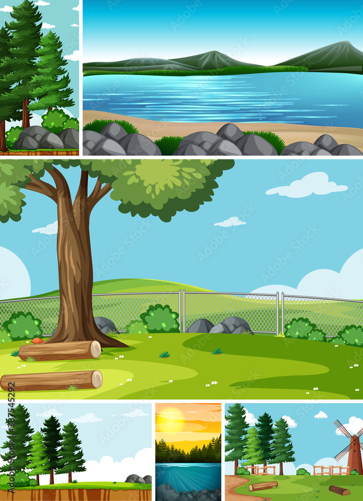 Six different scenes in nature setting cartoon style