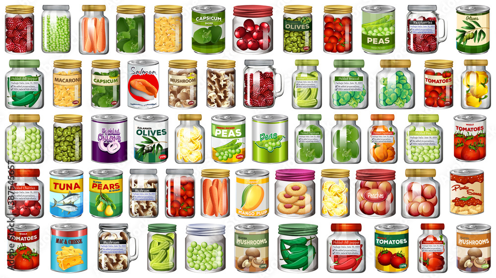 Set of different canned food and food in jars isolated