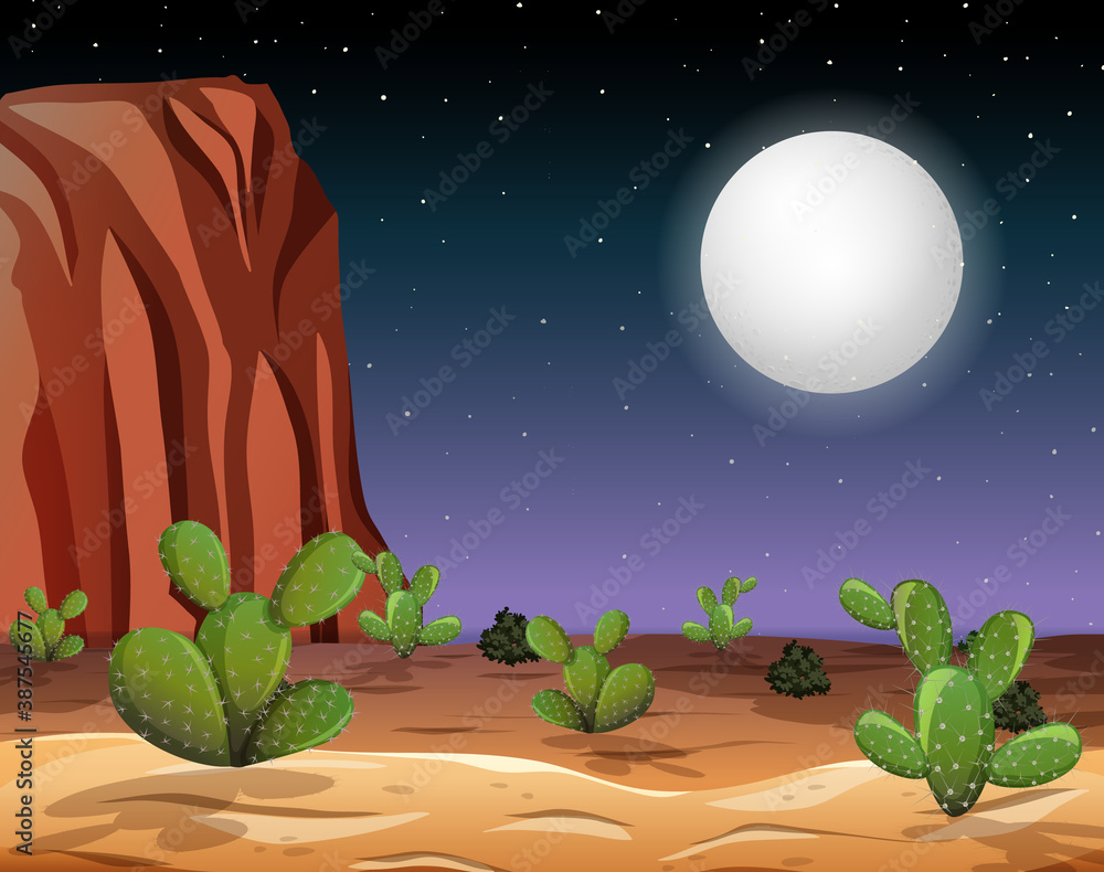 Desert with rock mountains and cactus landscape at night scene