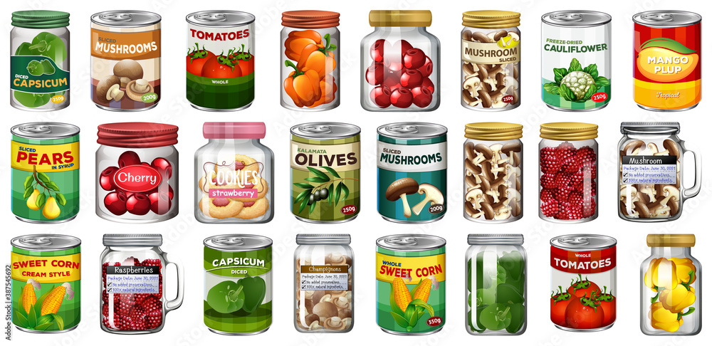 Set of different canned food and food in jars isolated