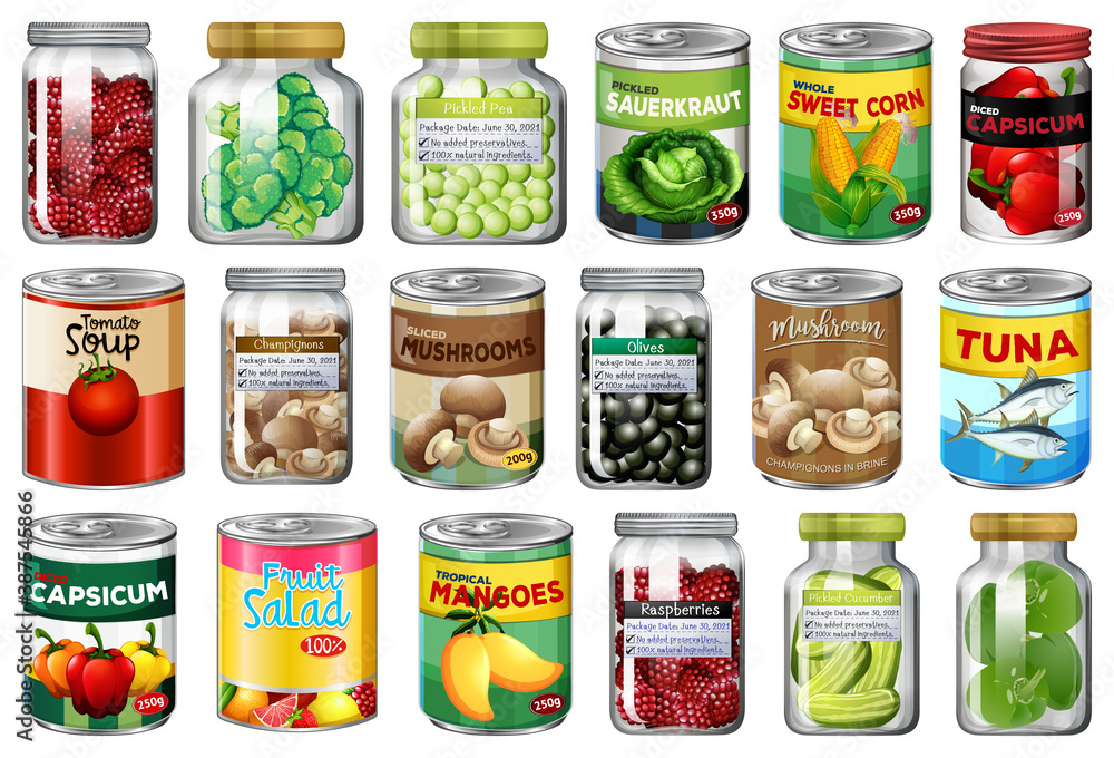 Set of different canned food and food in jars isolated