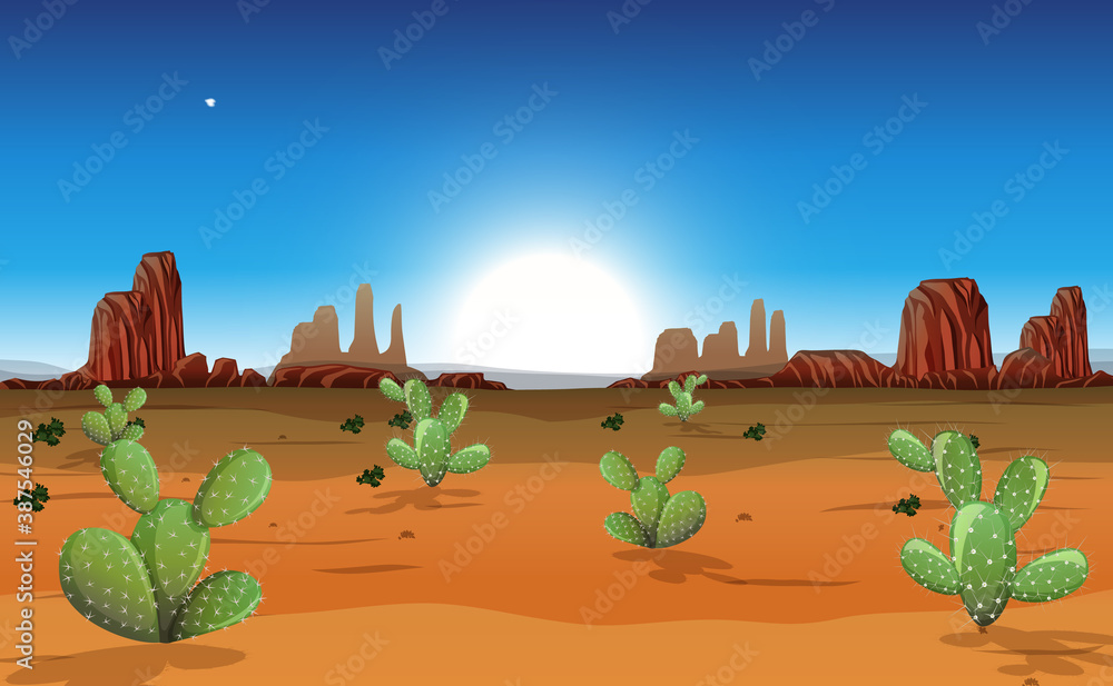 Desert with rock mountains and cactus landscape at day time scene