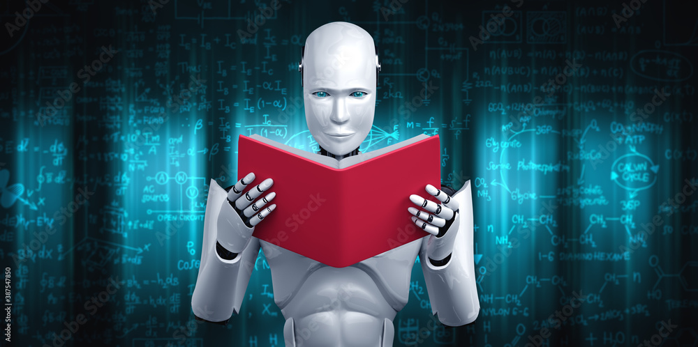 3D illustration of robot humanoid reading book and solving math data analytics in concept of future 