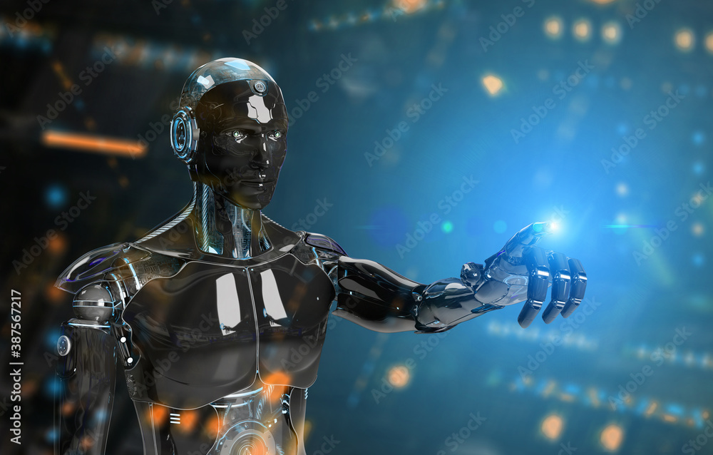 Black and blue intelligent robot cyborg pointing finger on dark 3D rendering