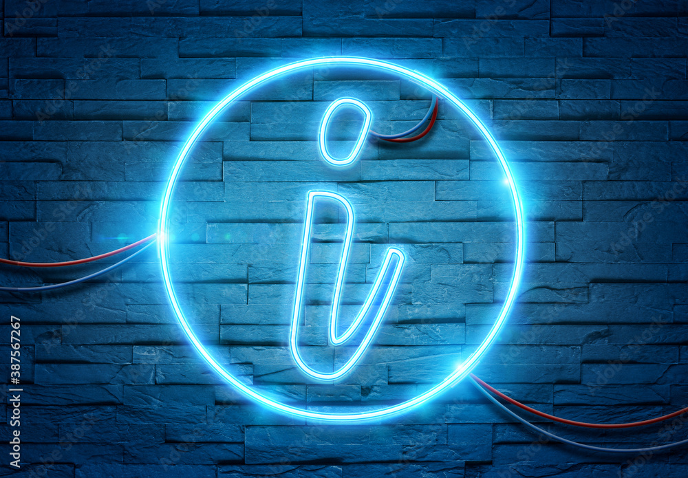 Information neon icon illuminating a brick wall with blue glowing light 3D rendering