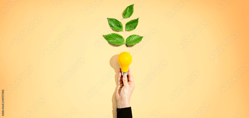 Person holding a light bulbs with green leaves