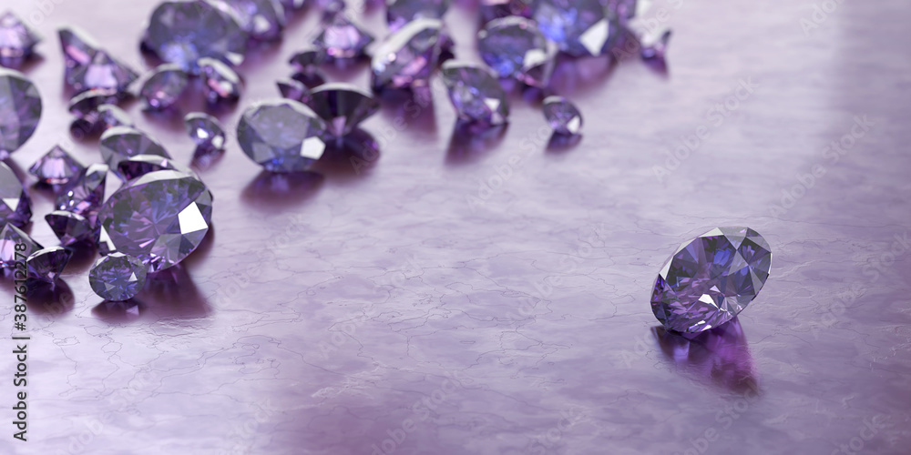 Round purple gems and jewelry diamond groups placed on glossy background 3d render