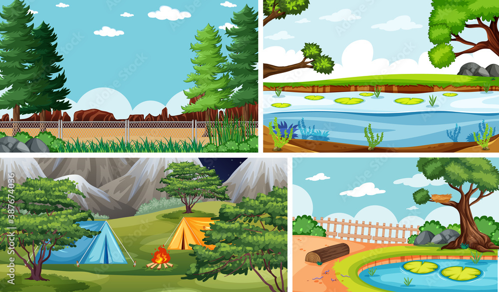 Four different scenes in nature setting cartoon style