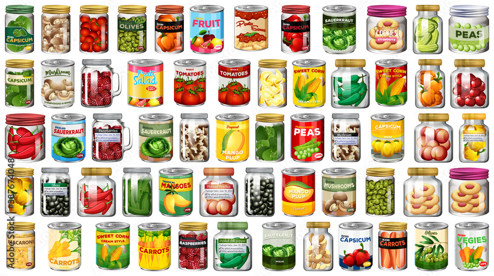 Set of different canned food and food in jars isolated