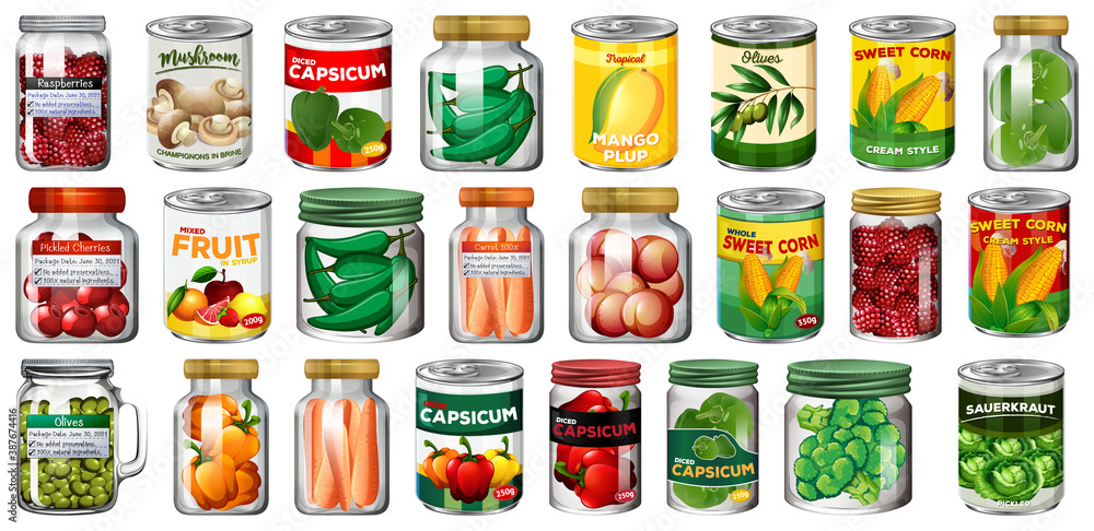 Set of different canned food and food in jars isolated