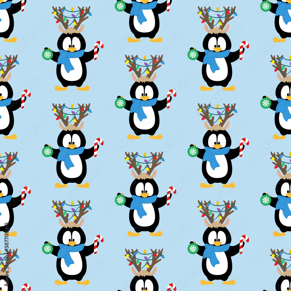 Penguin in christmas party costume seamless pattern