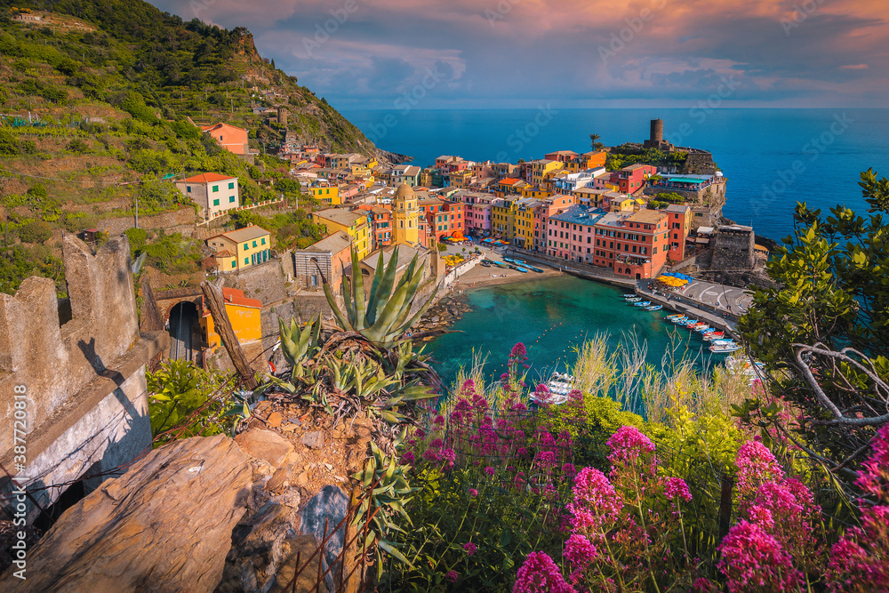 Vernazza panoramic view from the flowery garden, Cinque Terre, Italy