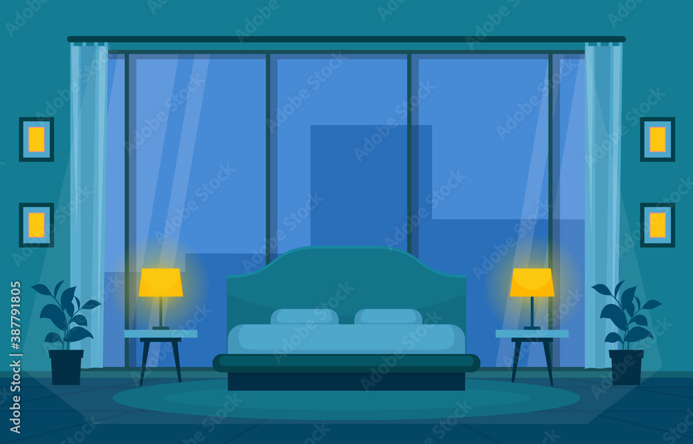 Bedroom Sleeping Room Bed Interior Design Modern Hotel Apartment Illustration