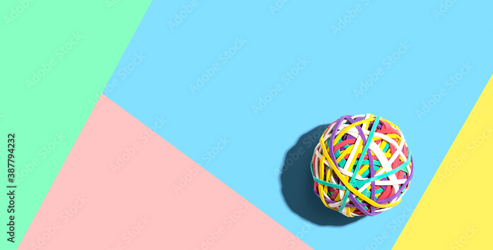 Elastic band ball with drop shadow overhead view - flat lay