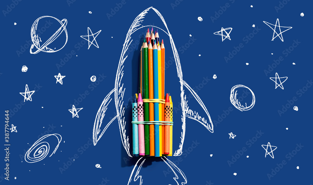 Back to school theme with hand drawn rocket and colored pencils