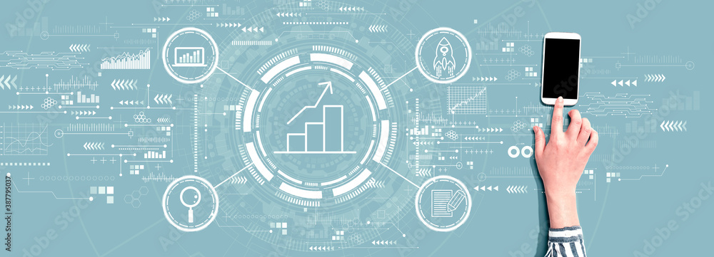 Business growth analysis with person using a smartphone