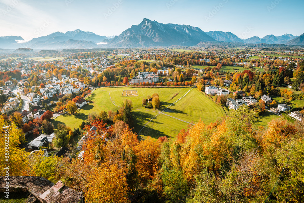 Aerial panorama view of Salzburg seen from Hohensalzburg Fortress in fall, Salzburger Land, Austria