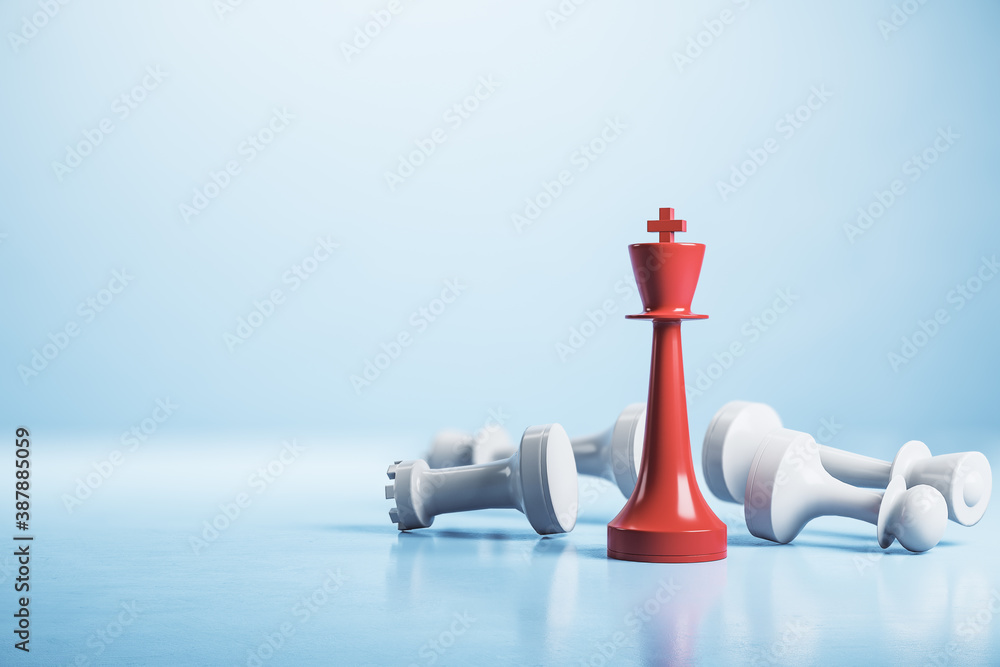 Red king chess piece and white lying pawns