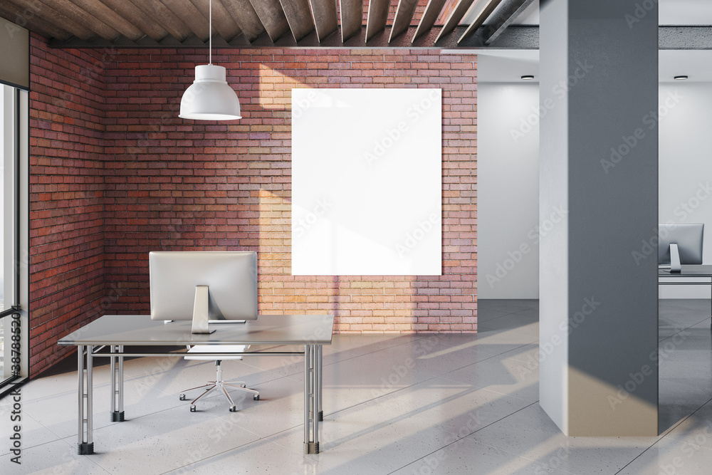 Cleam office hall with empty poster on brick wall.