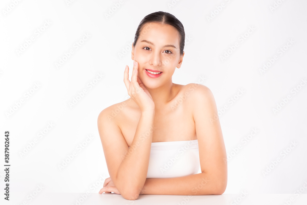 Young Asian beauty woman touching on beauty facial skin. Natural face care and skincare concept.