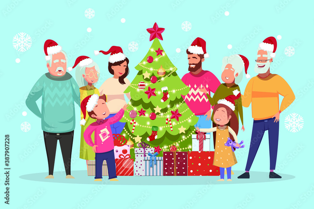 vector of a happy three genreation family standing by christmas tree