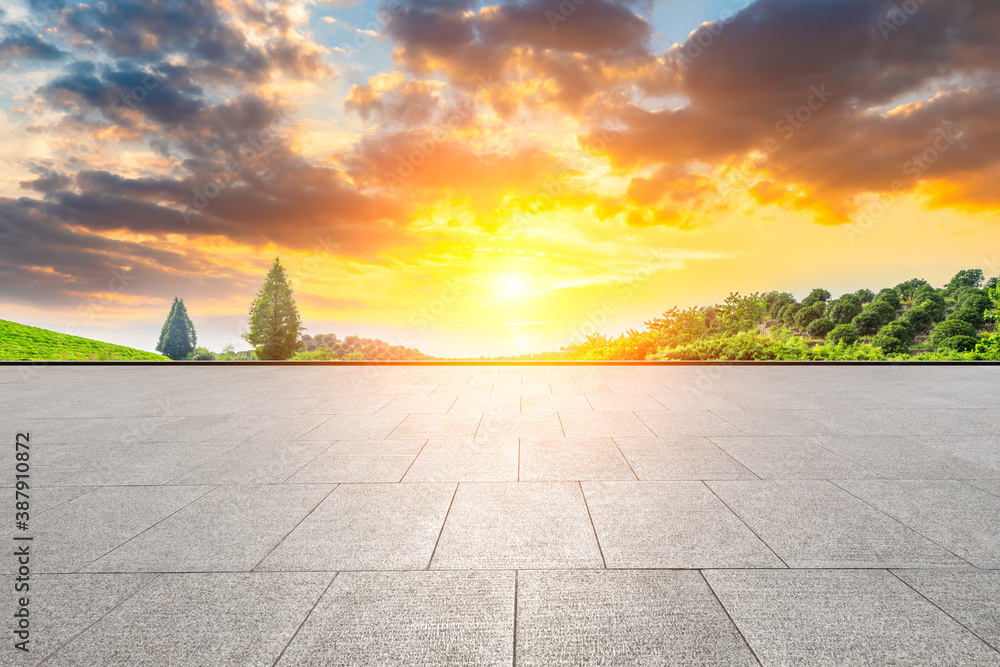 Empty square floor and green tea plantations with mountain natural scenery in Hangzhou.