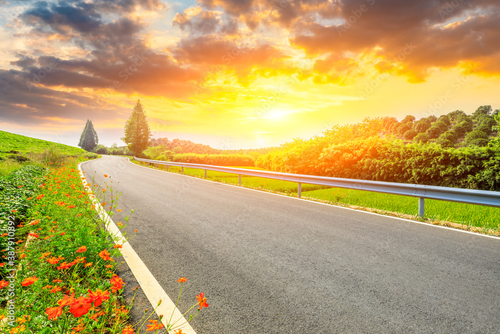 Countryside asphalt road and green tea plantations with mountain natural scenery in Hangzhou at sunr