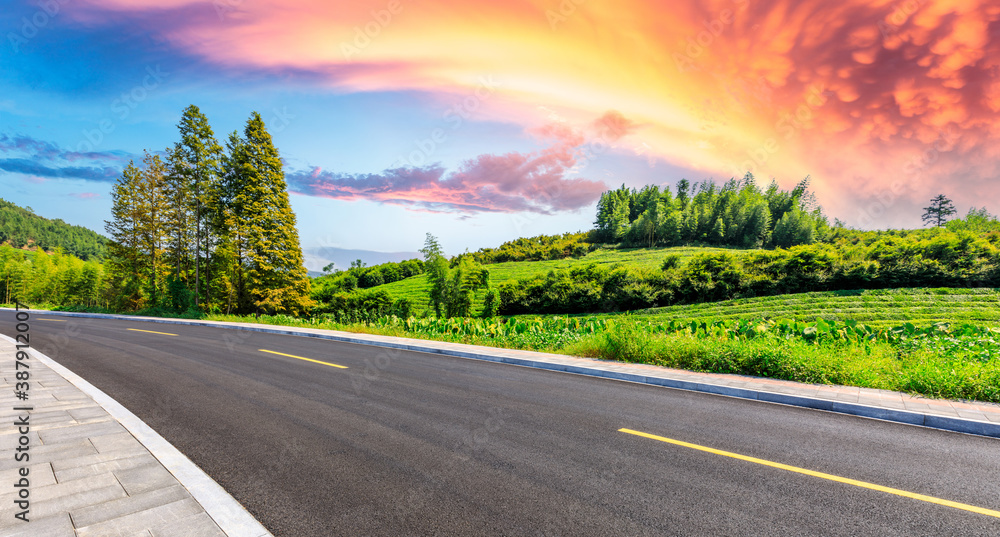 Countryside asphalt road and green tea plantations with mountain natural scenery in Hangzhou on a su