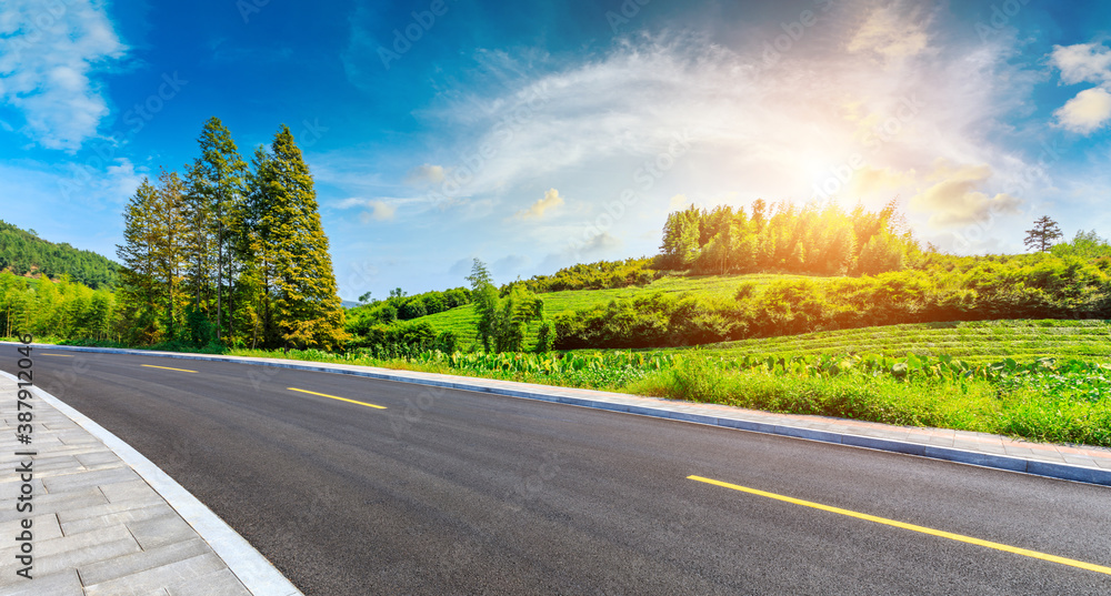 Countryside asphalt road and green tea plantations with mountain natural scenery in Hangzhou on a su