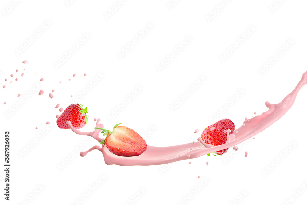 Splash of strawberry milk with berries on white background