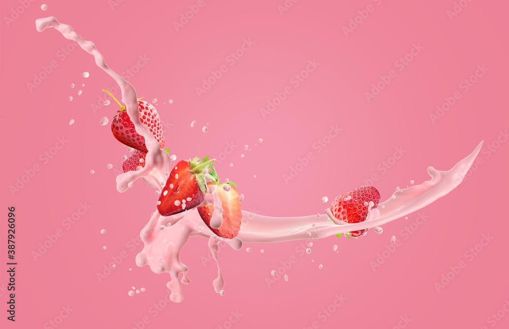 Splash of strawberry milk with berries on color background