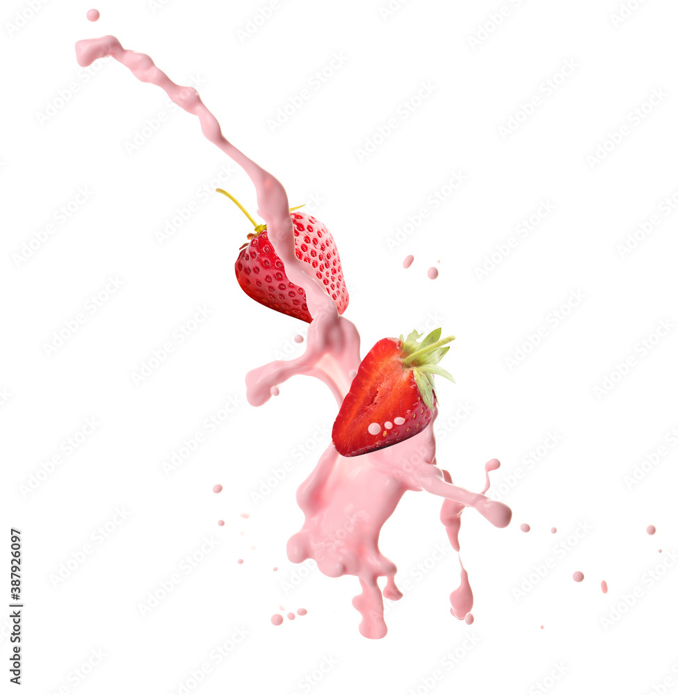 Splash of strawberry milk with berries on white background