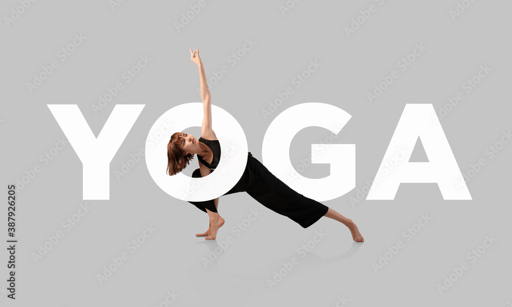 Word YOGA and sporty young woman on grey background