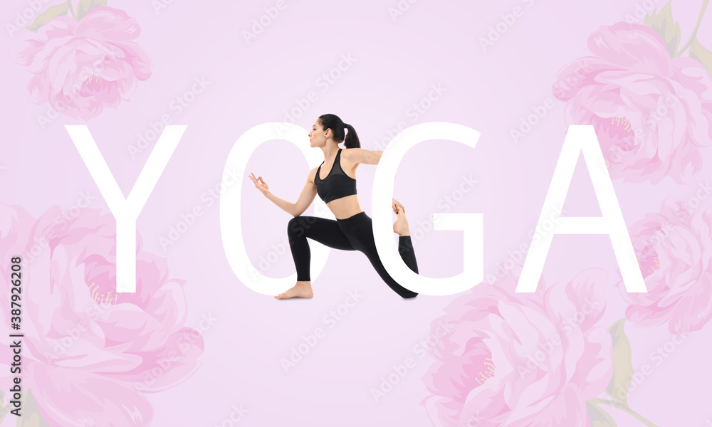 Word YOGA and sporty young woman on pink background with flowers