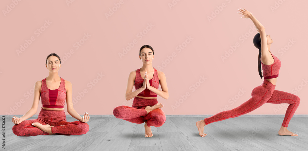 Young women practicing yoga on color background