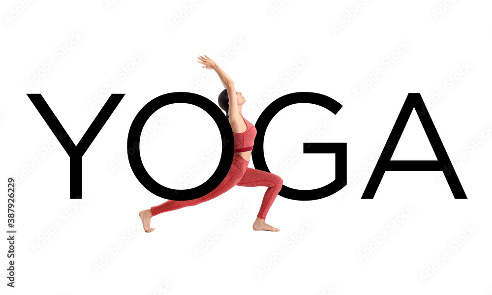 Word YOGA and sporty young woman on white background 