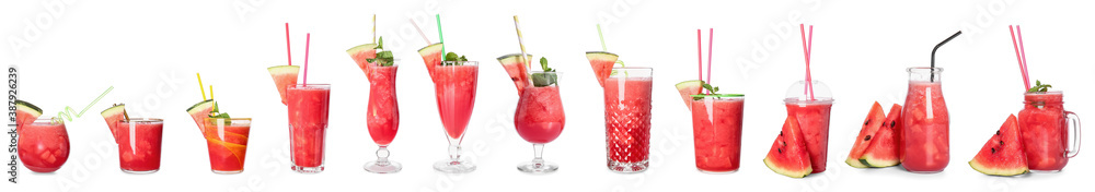 Glassware of fresh watermelon cocktail on white background