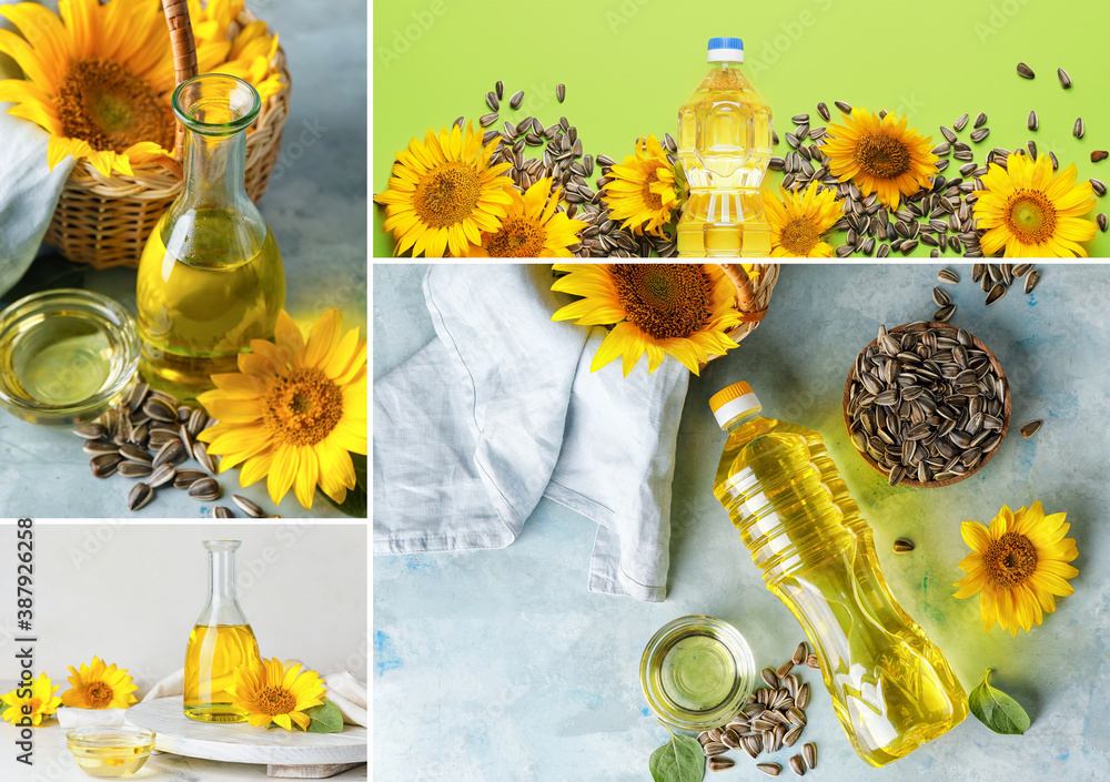 Collage with healthy sunflower oil