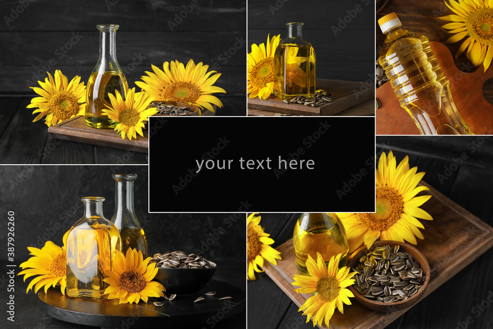 Collage with sunflower oil on dark background with place for text