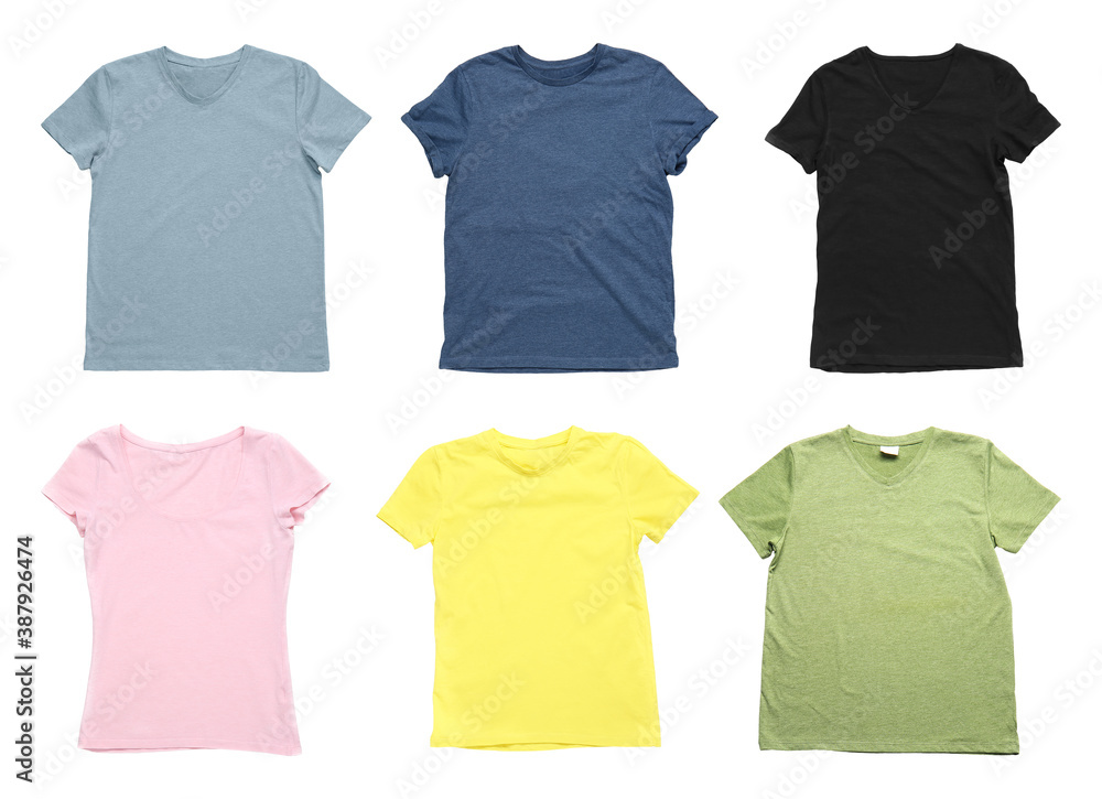 Different blank t-shirts on white background